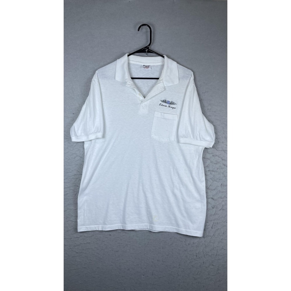 Vintage Stedman Polo Shirt Mens XL White Orlando Hangar Wings Logo Knit USA